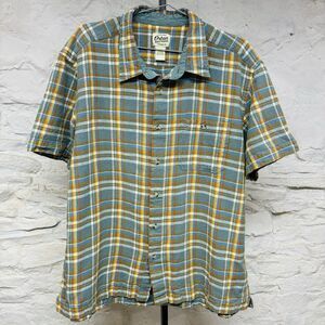 Orton Brothers Shirt Linen Cotton Plaid Blue Yellow Button Up Short Sleeve XXL